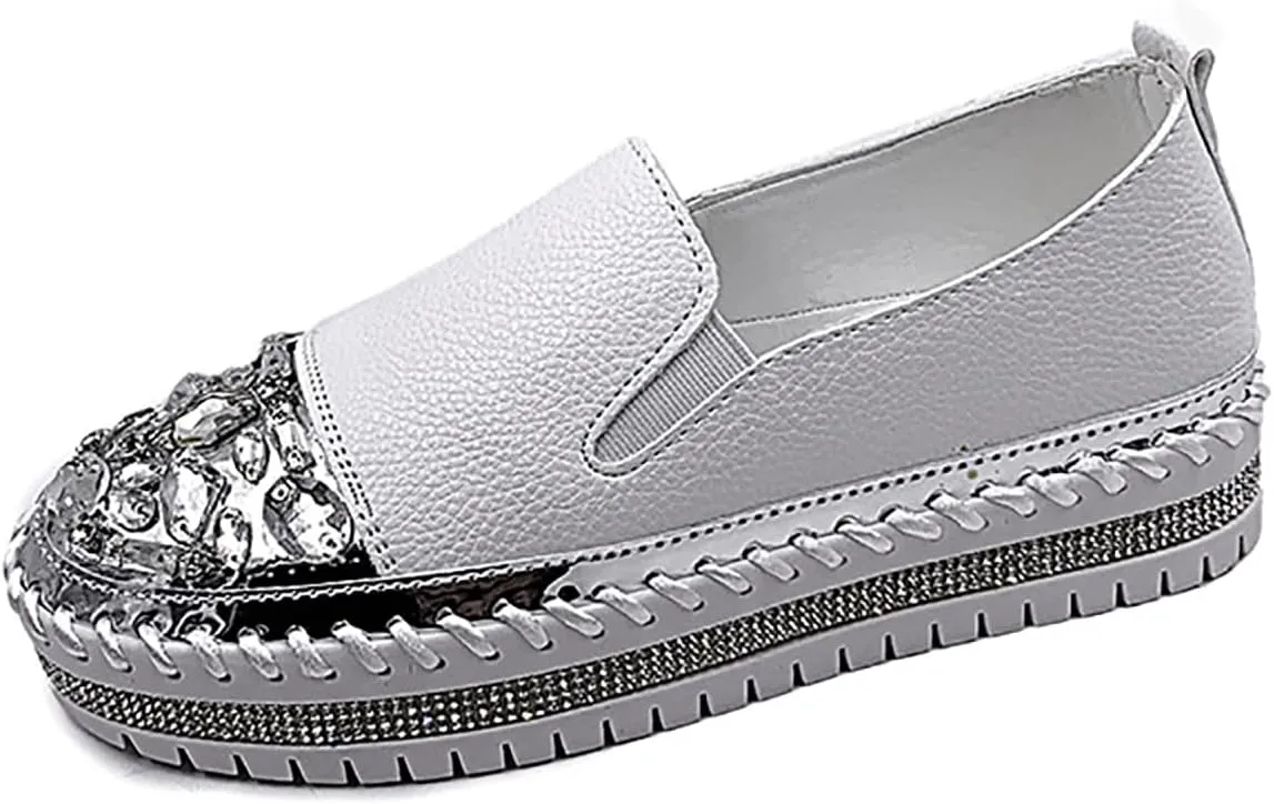SOLPNOW Women'S Rhinestone Platform Loafers Round Toe Flats,Slip-On Fashionable Low-Cut Casual Shoes with Increase Height,Comfortable Non-Slip Walking Shoes