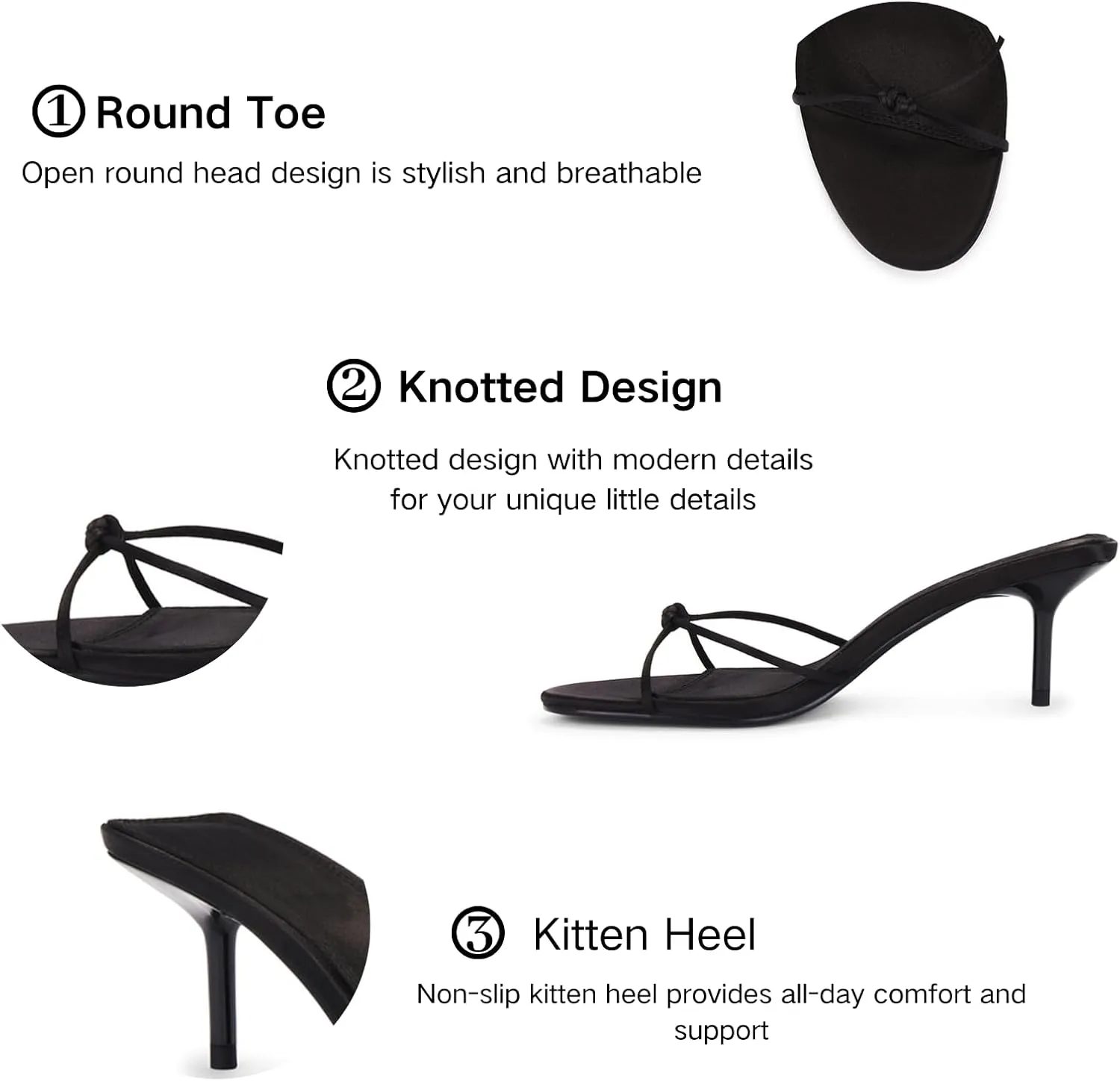 Strappy Kitten Heels Sandals for Women Open Round Toe Slip On Mule Knotted Design Summer Fashion Shoes