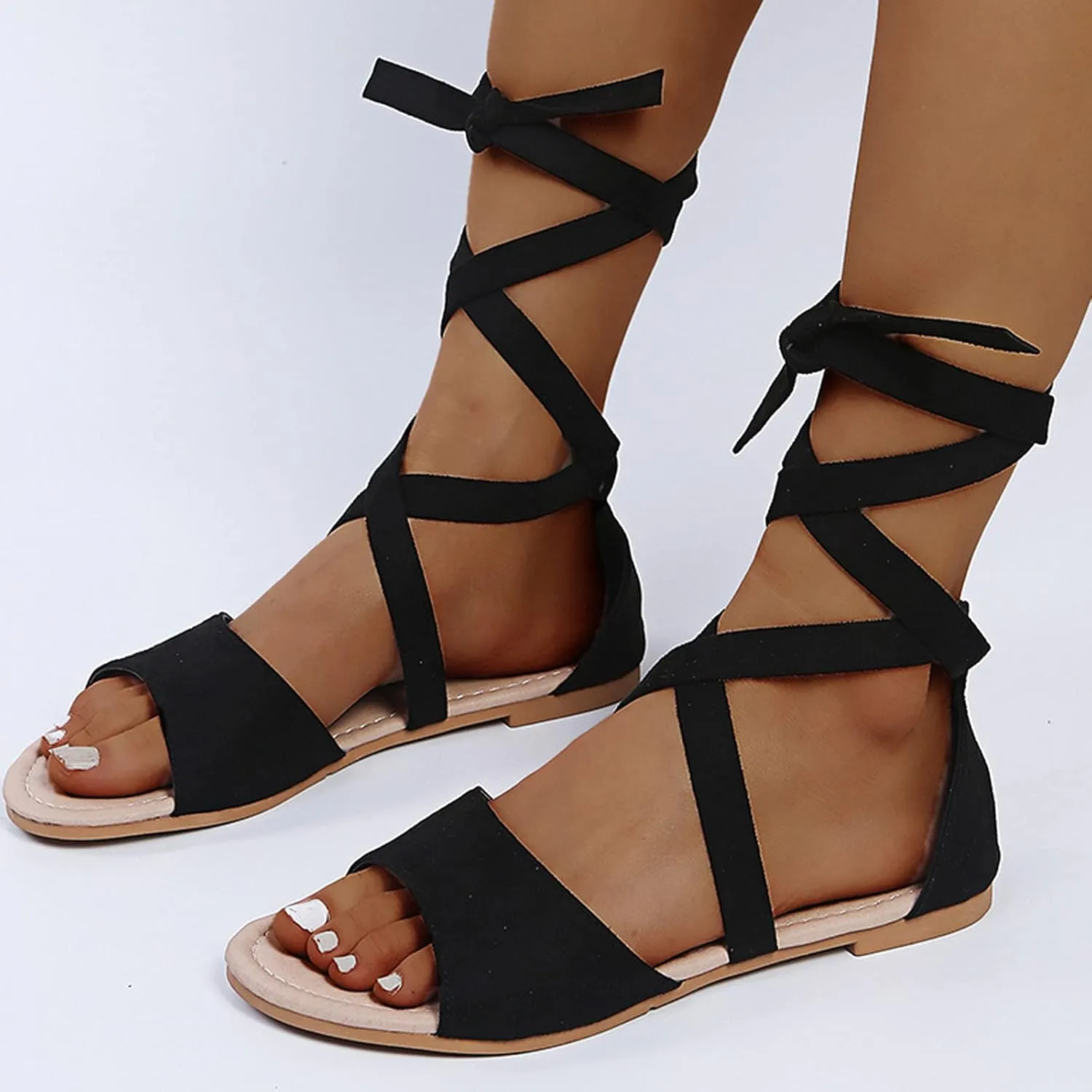 Strappy Sandals for Women Flats,Summer Casual Cross Straps Lace up Fish Mouth Open Toe Roman Sandalias Comfortable Trendy Elegant Ladies Shoes