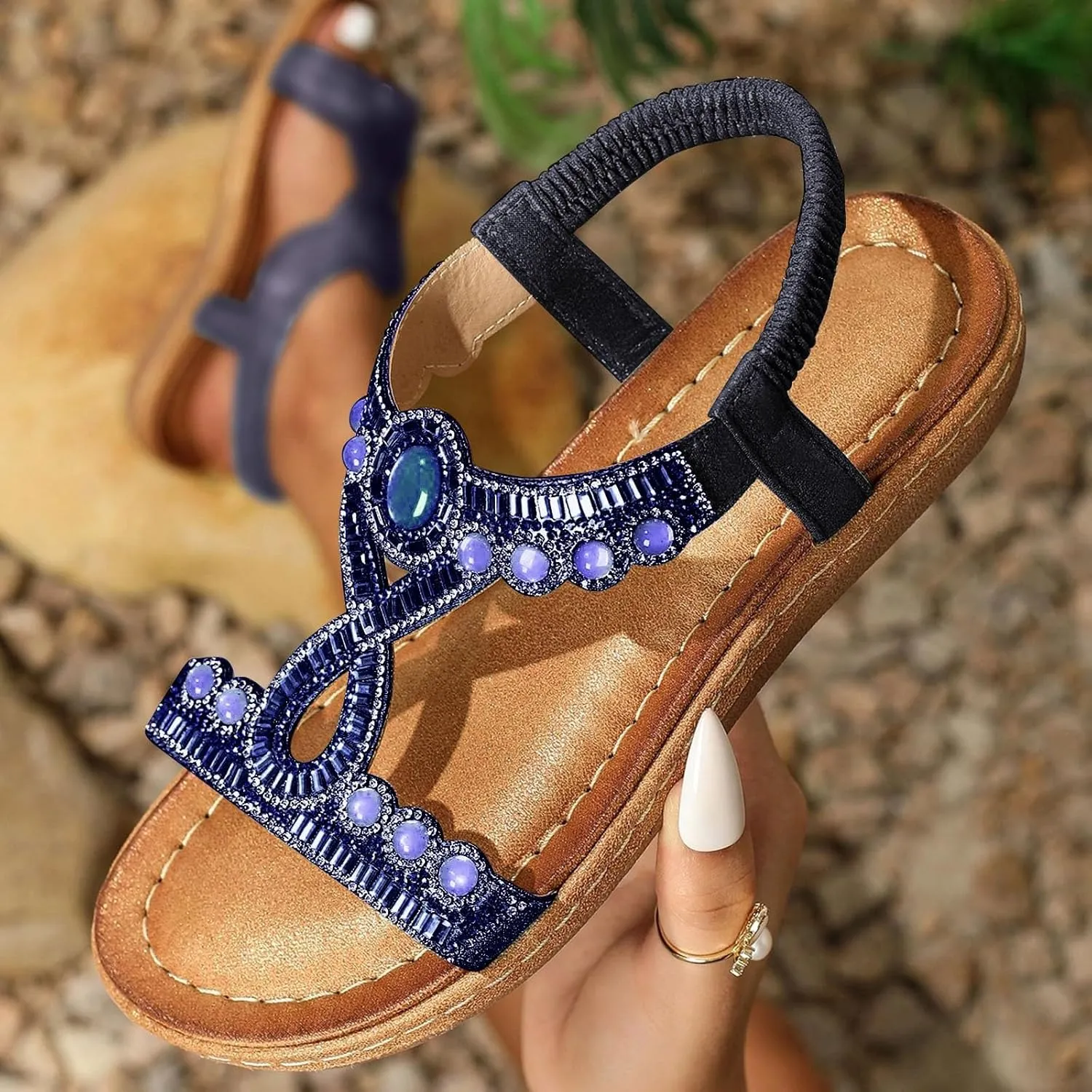 SuanlaTDS Womens Flat Sandals Dressy Rhinestone T-strap Open Toe Low Wedges Heel Elastic Ankle Strap Slip-on Slides 2025 Summer Thick Sole Boho Beach Shoes Party Wedding Bride Flats Sandal