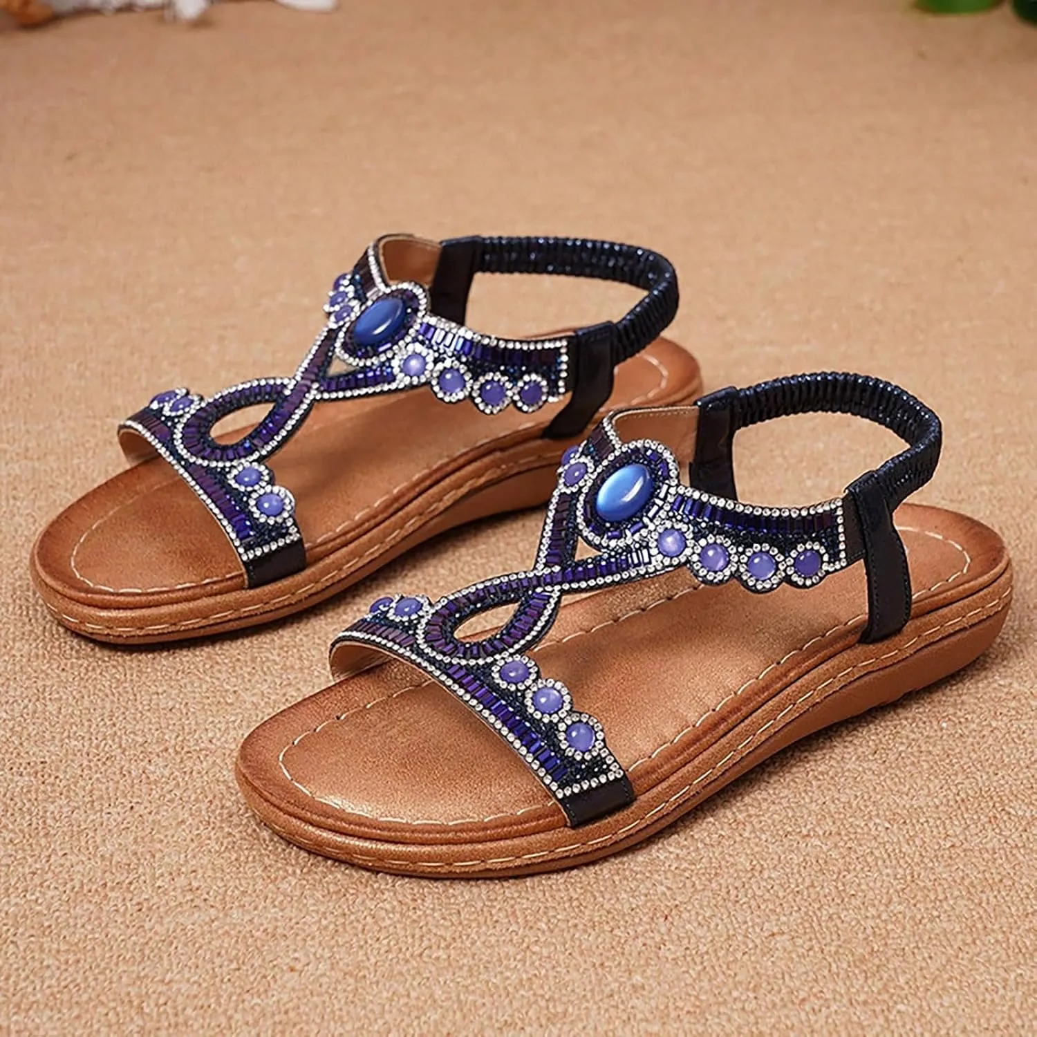 SuanlaTDS Womens Flat Sandals Dressy Rhinestone T-strap Open Toe Low Wedges Heel Elastic Ankle Strap Slip-on Slides 2025 Summer Thick Sole Boho Beach Shoes Party Wedding Bride Flats Sandal