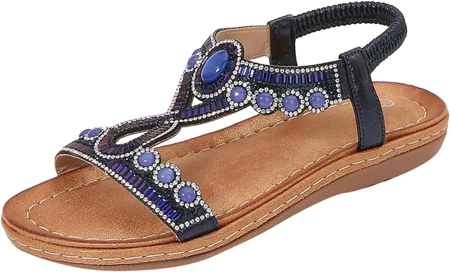 SuanlaTDS Womens Flat Sandals Dressy Rhinestone T-strap Open Toe Low Wedges Heel Elastic Ankle Strap Slip-on Slides 2025 Summer Thick Sole Boho Beach Shoes Party Wedding Bride Flats Sandal
