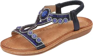 SuanlaTDS Womens Flat Sandals Dressy Rhinestone T-strap Open Toe Low Wedges Heel Elastic Ankle Strap Slip-on Slides 2025 Summer Thick Sole Boho Beach Shoes Party Wedding Bride Flats Sandal