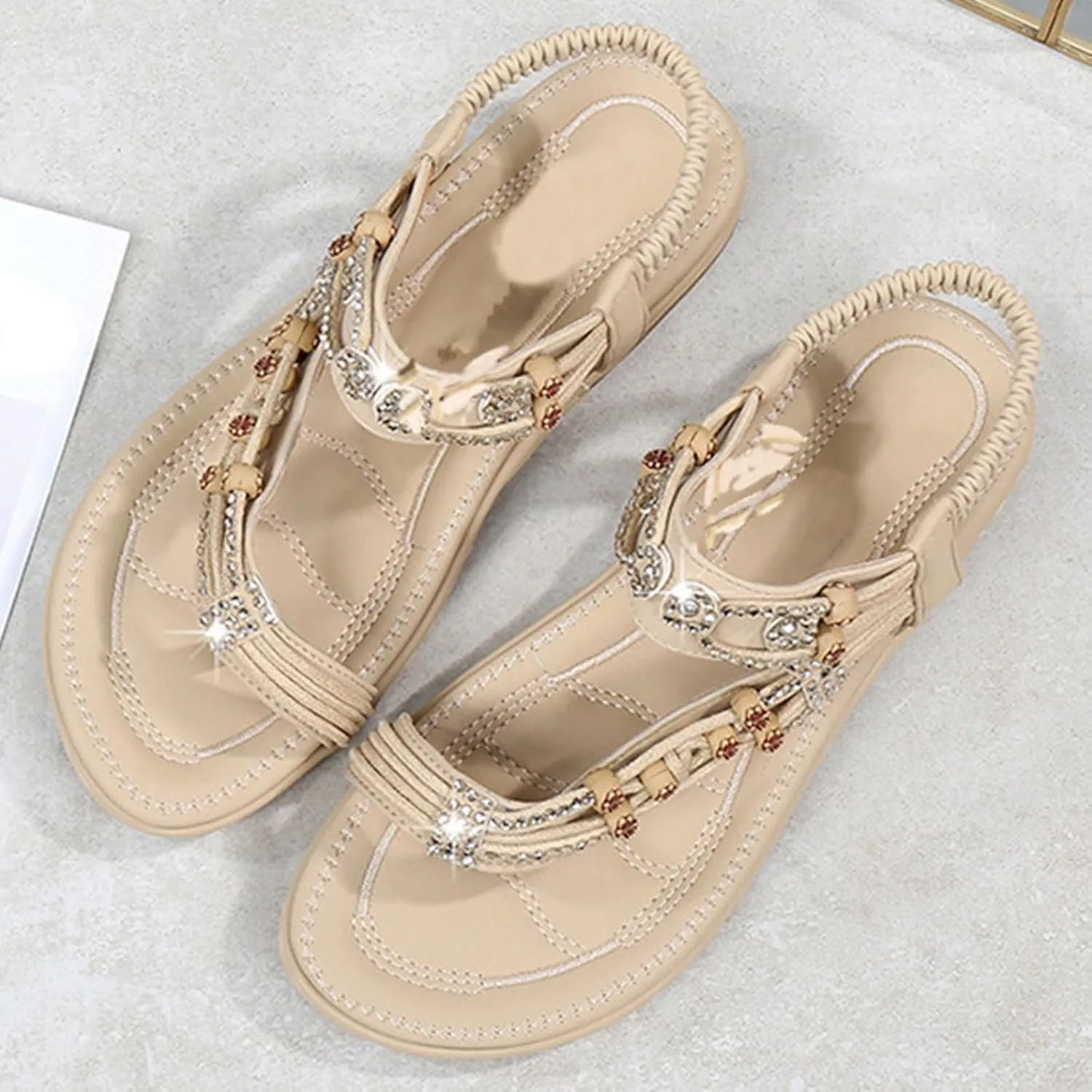 SuanlaTDS Women's Flat Sandals Dressy Summer Comfortable Bohemian Toe Ring Flip Flops Elastic Ankle Strap Slip-on Outdoor Walking Beach Shoes 2025 Arch Support Flats Sandal for Party