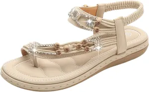 SuanlaTDS Women's Flat Sandals Dressy Summer Comfortable Bohemian Toe Ring Flip Flops Elastic Ankle Strap Slip-on Outdoor Walking Beach Shoes 2025 Arch Support Flats Sandal for Party