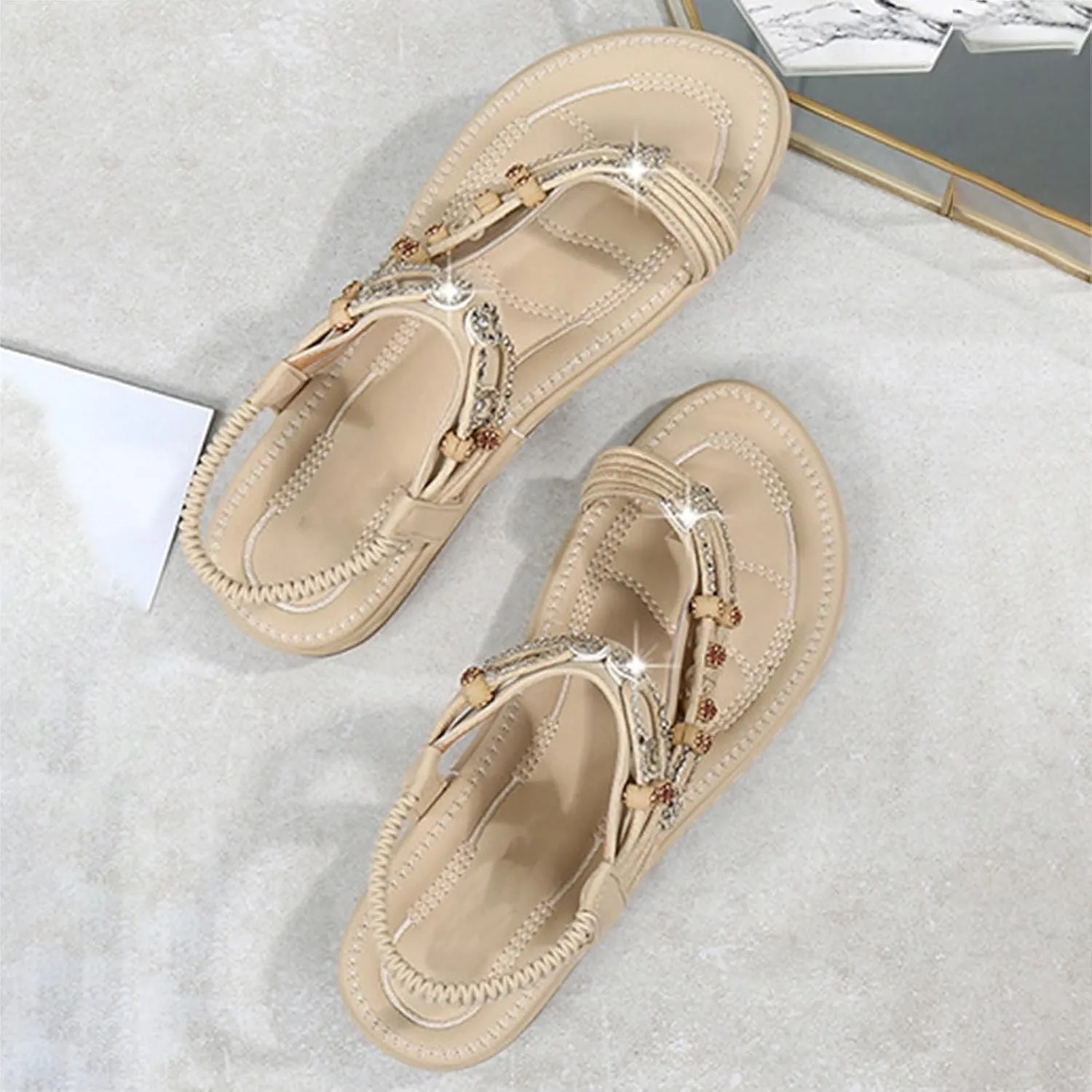 SuanlaTDS Women's Flat Sandals Dressy Summer Comfortable Bohemian Toe Ring Flip Flops Elastic Ankle Strap Slip-on Outdoor Walking Beach Shoes 2025 Arch Support Flats Sandal for Party