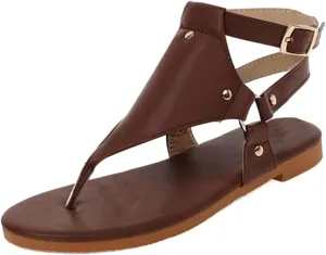 SuanlaTDS Women's Flat Sandals Flip Flops 2025 Comfortable Dressy Thong Buckle Ankle Strap Slingback Gladiator Roman Shoes Summer T-Strap Low Heel Outdoor Walking Flats Sandal