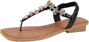 SuanlaTDS Womens Flat Sandals Rhinestone T-strap Square Toe Thong Flip Flops Dressy Summer 2025 Comfortable Low Heel Elastic Ankle Strap Slip-on Slides Flats Sandal for Party Wedding Bride