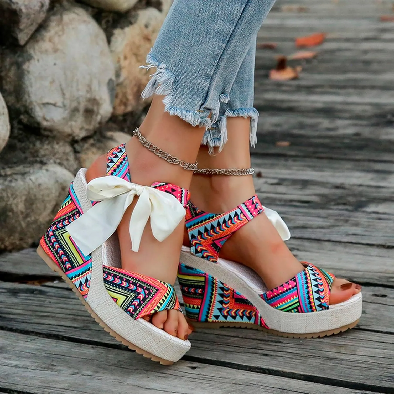 Summer Sandals for Women 2025 Bohemia Platform Wedges Open Toe Ankle Strap Dressy Sandal High Heel Walking Shoes