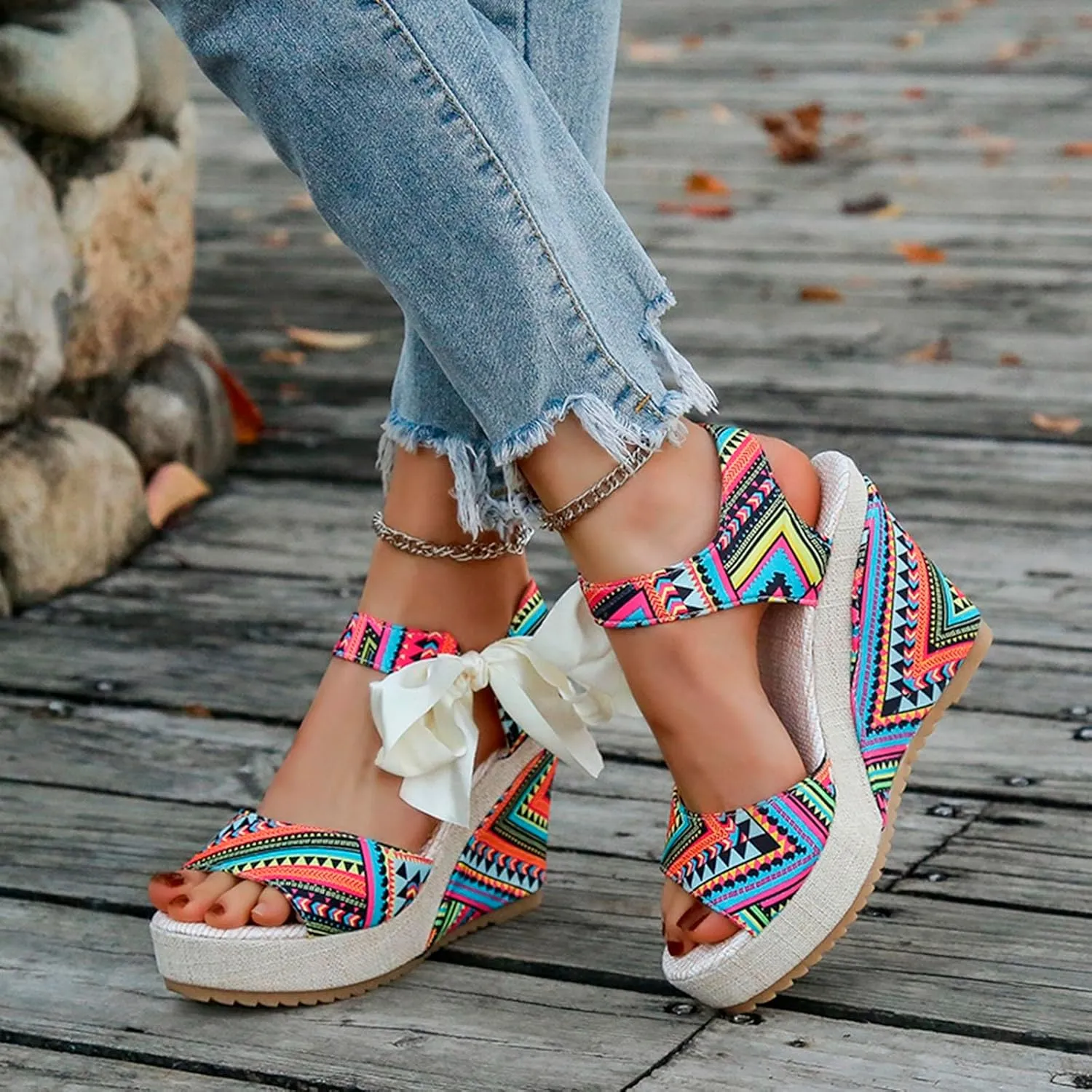 Summer Sandals for Women 2025 Bohemia Platform Wedges Open Toe Ankle Strap Dressy Sandal High Heel Walking Shoes
