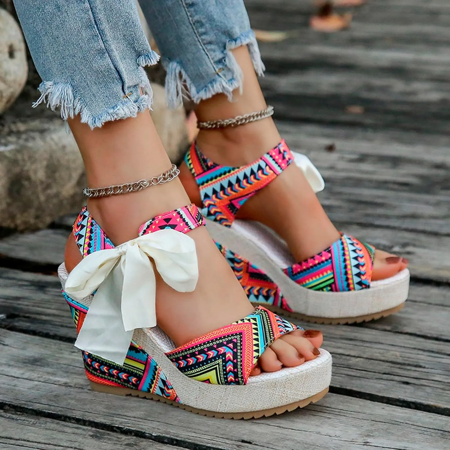 Summer Sandals for Women 2025 Bohemia Platform Wedges Open Toe Ankle Strap Dressy Sandal High Heel Walking Shoes