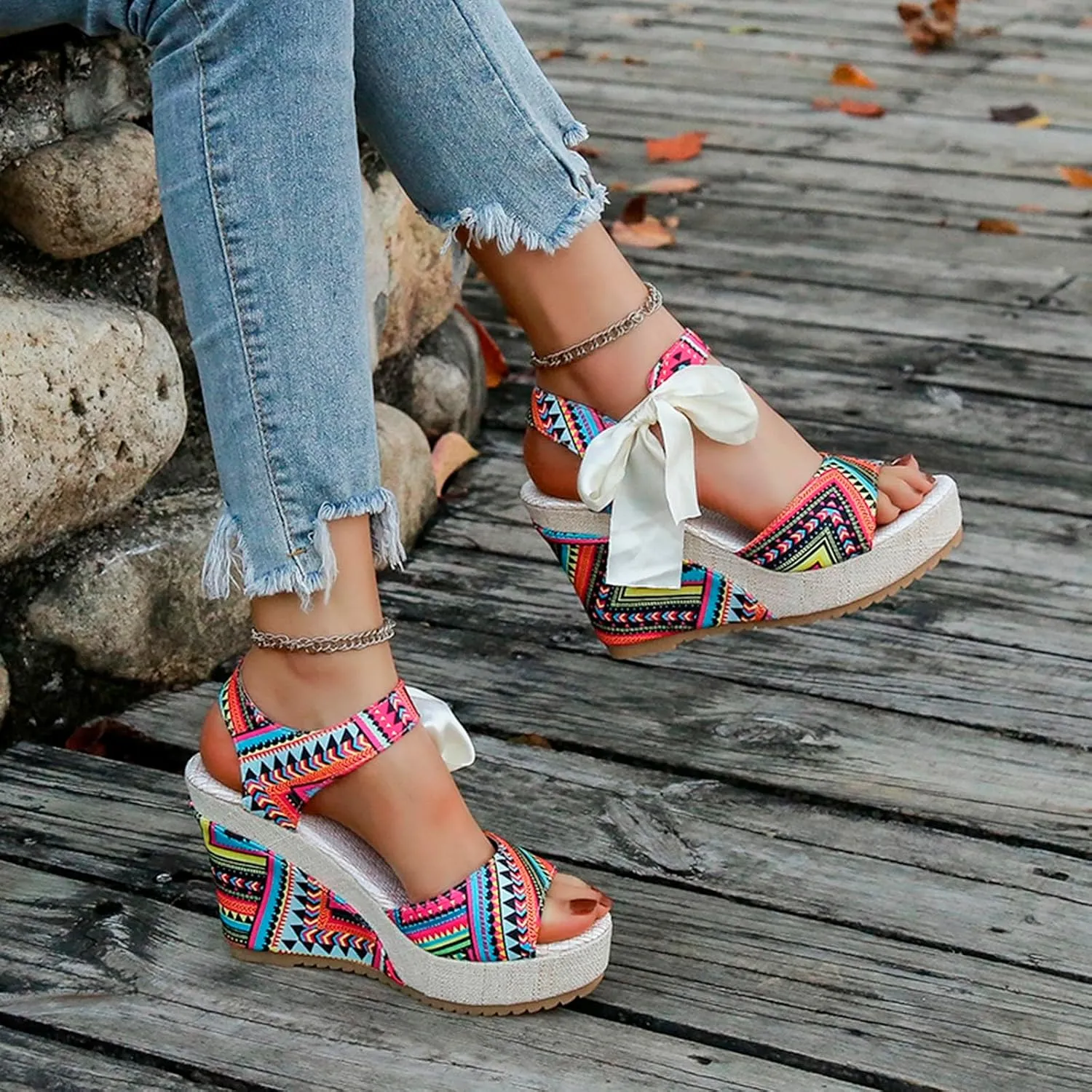 Summer Sandals for Women 2025 Bohemia Platform Wedges Open Toe Ankle Strap Dressy Sandal High Heel Walking Shoes