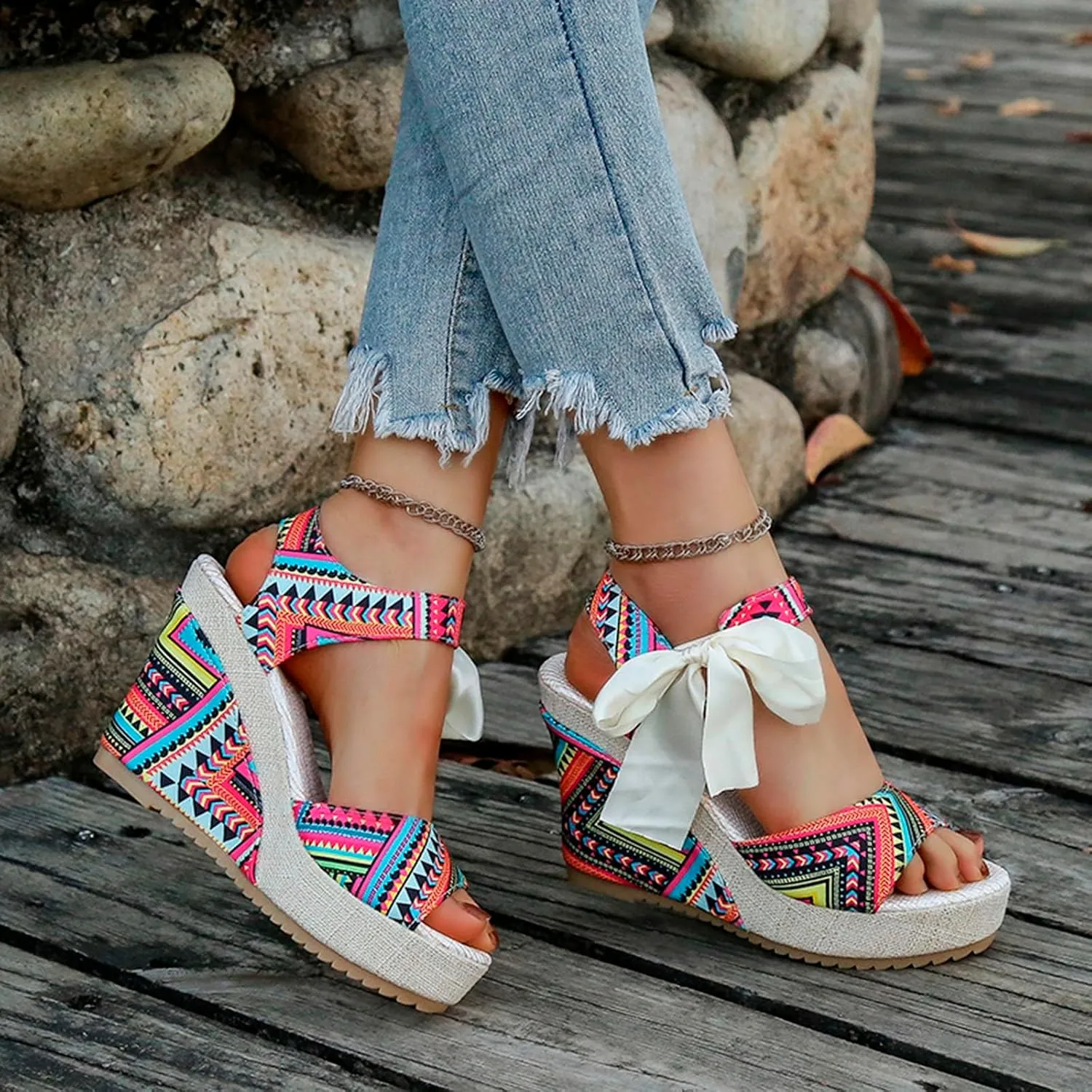 Summer Sandals for Women 2025 Bohemia Platform Wedges Open Toe Ankle Strap Dressy Sandal High Heel Walking Shoes