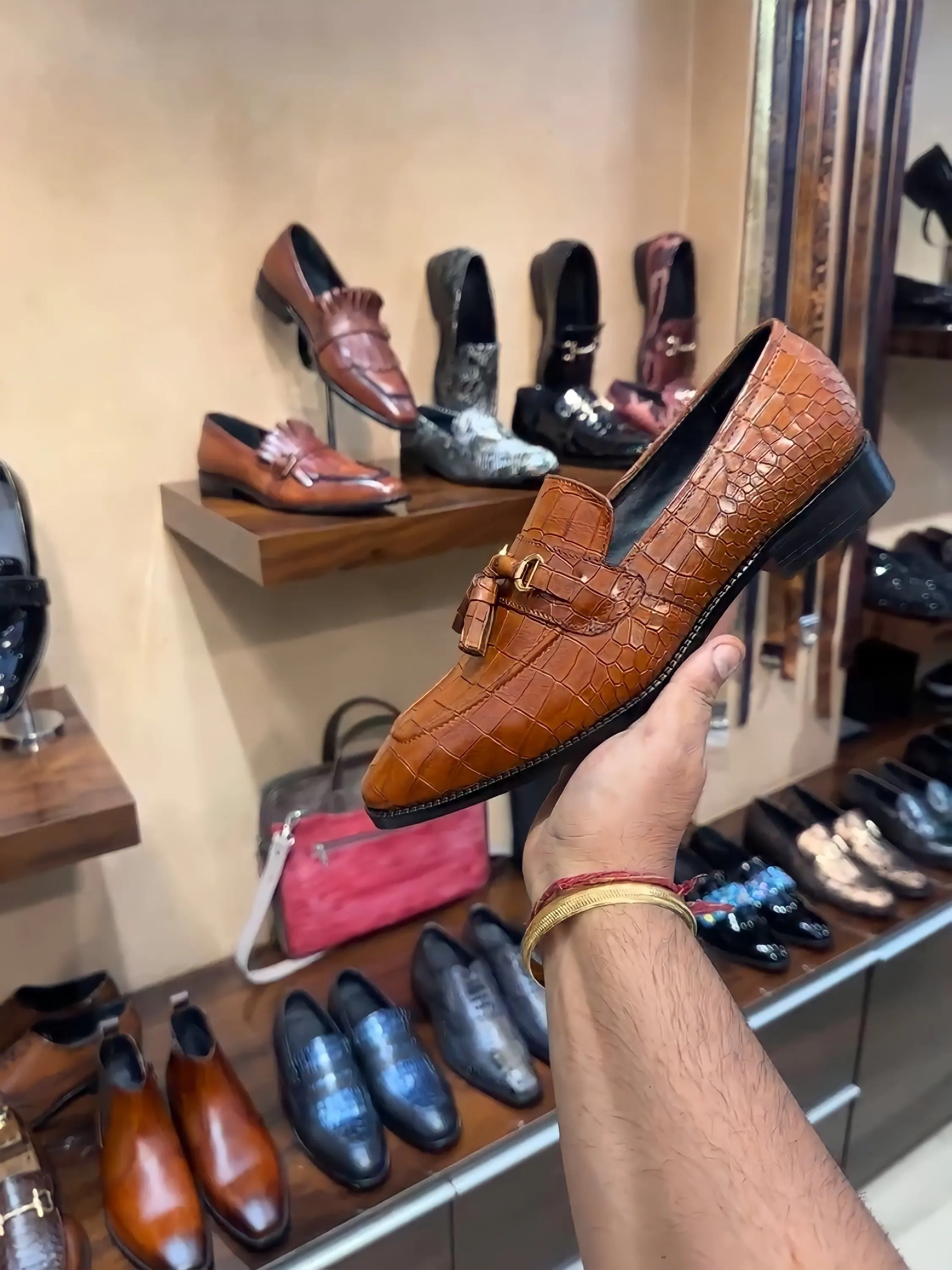 Tan Patina Crocodile Scaled Tassel Loafers