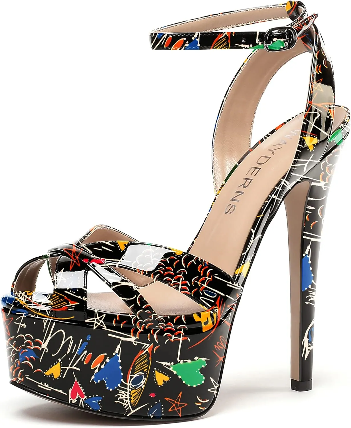 WAYDERNS Women's Patent Peep Toe Ankle Strap Platform Slingback Stiletto High Heel Sandals 6 Inch