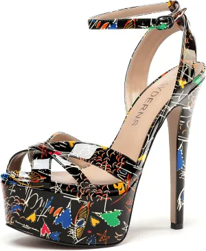 WAYDERNS Women's Patent Peep Toe Ankle Strap Platform Slingback Stiletto High Heel Sandals 6 Inch