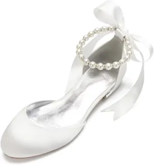 Wedding Shoes Flats for Bride Satin Pearls Round Toe Women Dress Shoes for Special Occasions