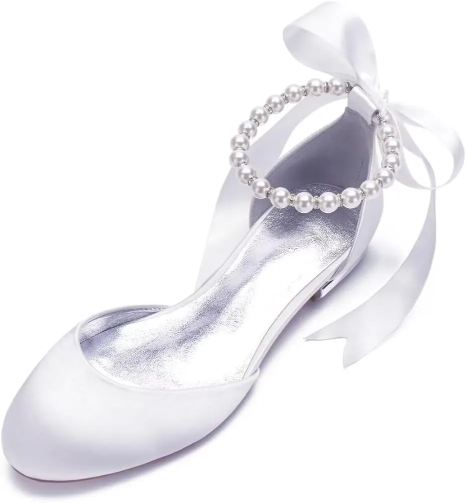 Wedding Shoes Flats for Bride Satin Pearls Round Toe Women Dress Shoes for Special Occasions