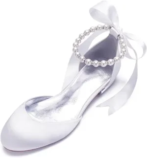 Wedding Shoes Flats for Bride Satin Pearls Round Toe Women Dress Shoes for Special Occasions