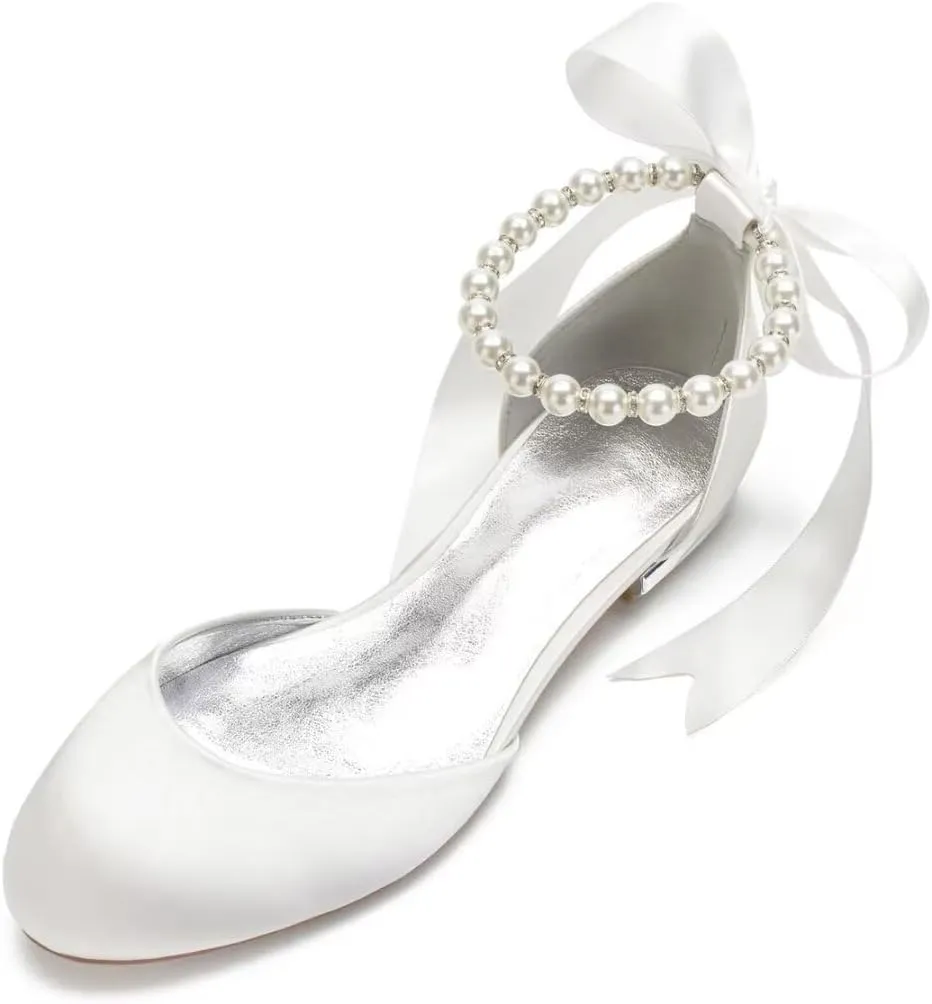 Wedding Shoes Flats for Bride Satin Pearls Round Toe Women Dress Shoes for Special Occasions