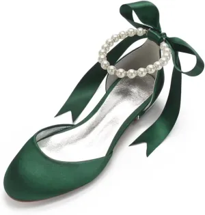 Wedding Shoes Flats for Bride Satin Pearls Round Toe Women Dress Shoes for Special Occasions
