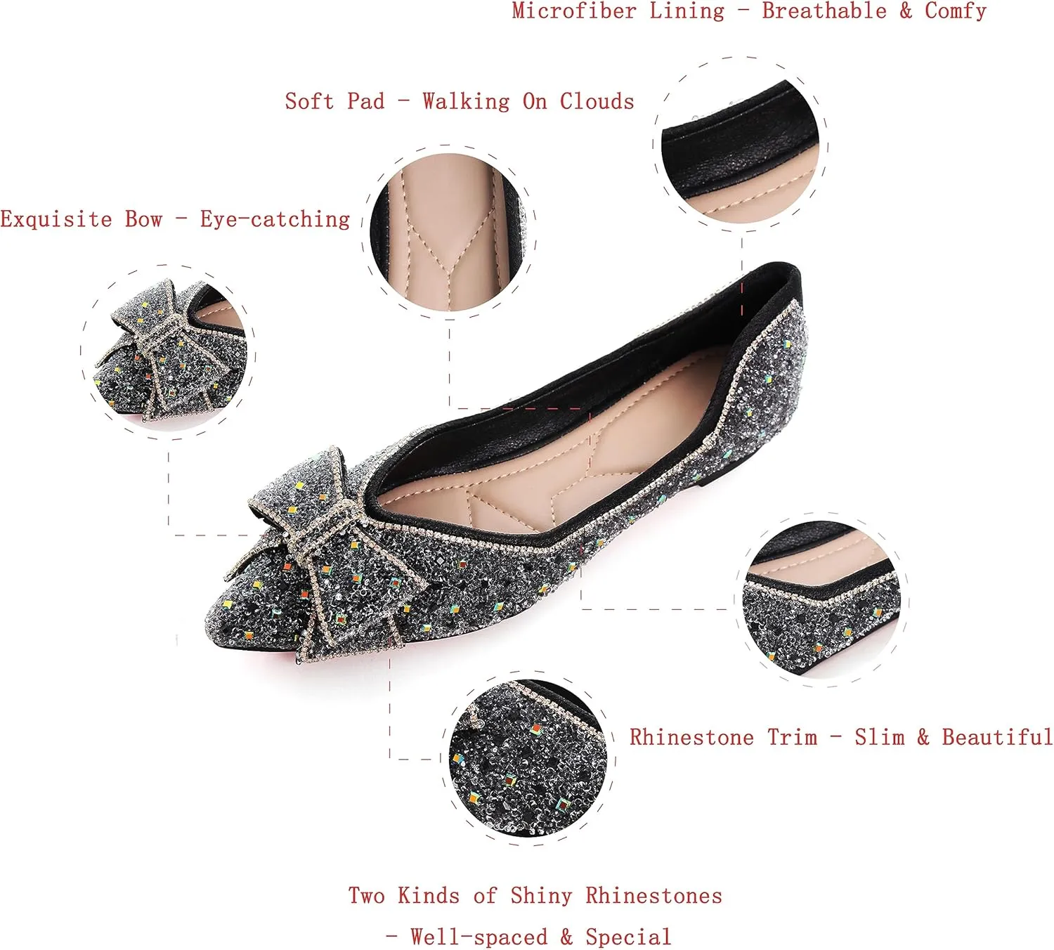 WENJIAZHIZHI Ballet Flats Wedding Dressy Shoes for Womens Comfortable Pointed-Toe Slip-On Loafers Flats Shoes Dressy Casual