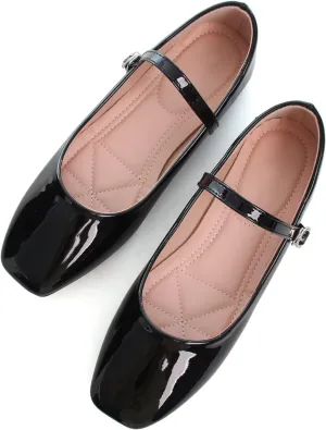 WENJIAZHIZHI Women's Square Toe Mary Jane Ballet Flat Shoes Comfortable Patent Leather Dressy Casual Slip-On Ballerina Walking Flats Black Size 10.5