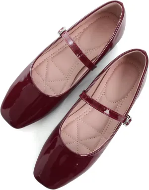 WENJIAZHIZHI Women's Square Toe Mary Jane Ballet Flat Shoes Comfortable Patent Leather Dressy Casual Slip-On Ballerina Walking Flats Burgundy Size 10