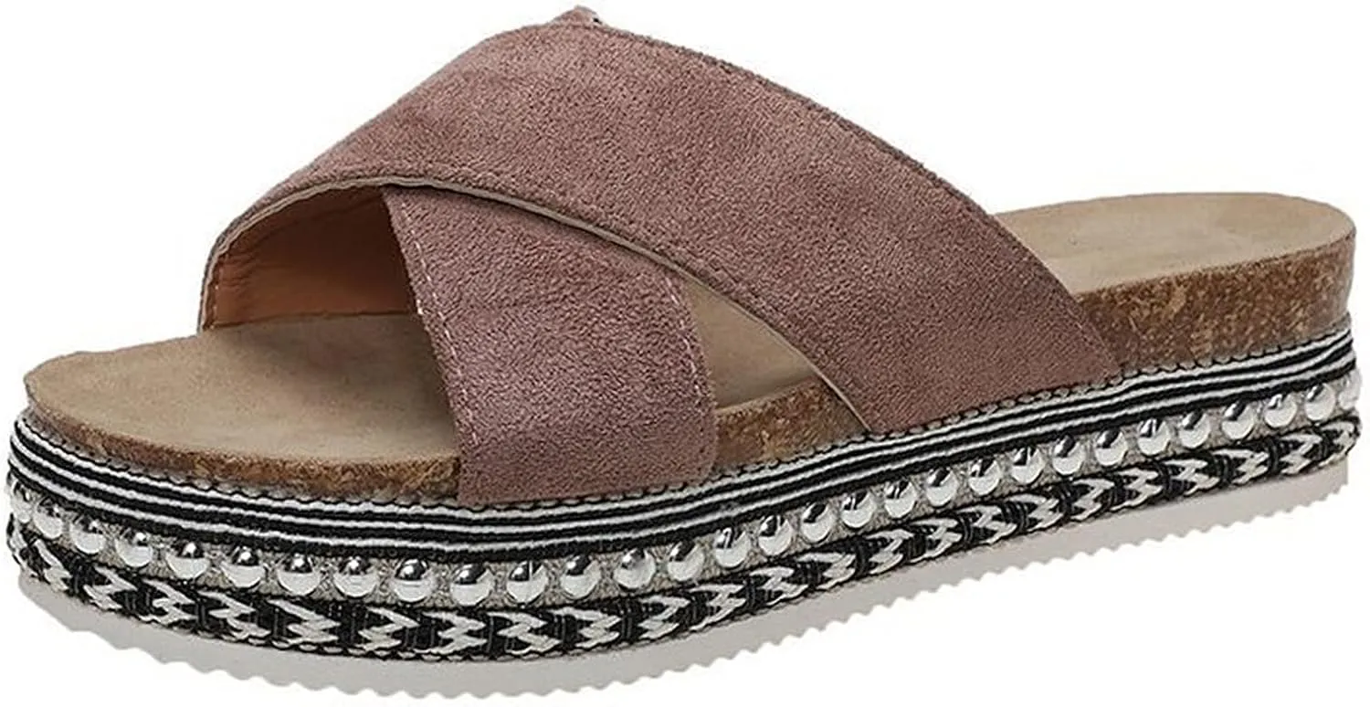 WOilERQ Ladies Summer Thick-Soled Slippers Leopard-Print Frosted Outer Wear Cross Strap Sandals Open-Toed Platform Casual Slippers,Khaki,35