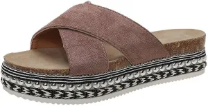 WOilERQ Ladies Summer Thick-Soled Slippers Leopard-Print Frosted Outer Wear Cross Strap Sandals Open-Toed Platform Casual Slippers,Khaki,35