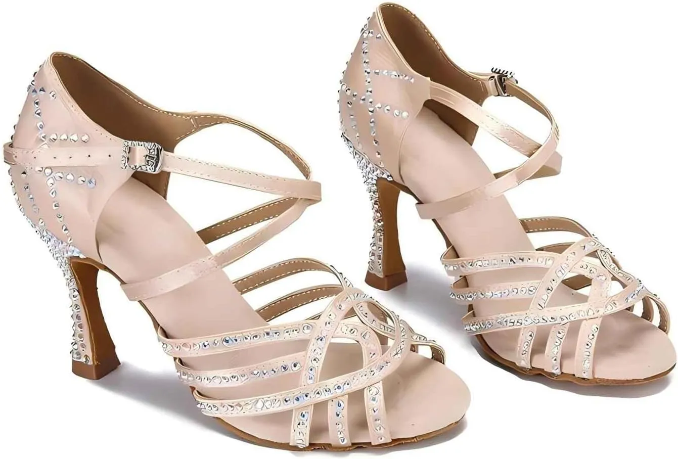 Women Ballroom Dance Shoes Rhinestone Handmade Sandals Latin Salsa Modern Practice Performance Dance Shoes