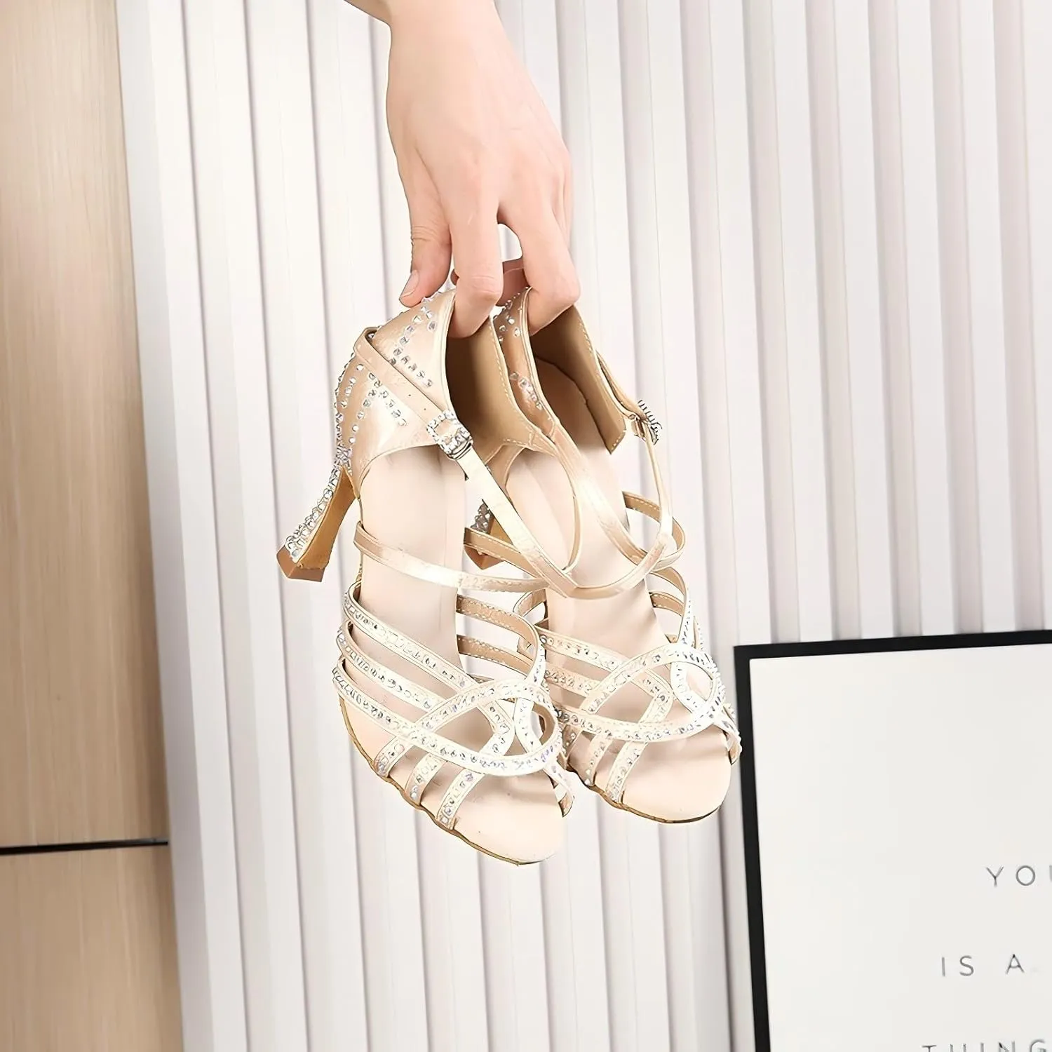 Women Ballroom Dance Shoes Rhinestone Handmade Sandals Latin Salsa Modern Practice Performance Dance Shoes