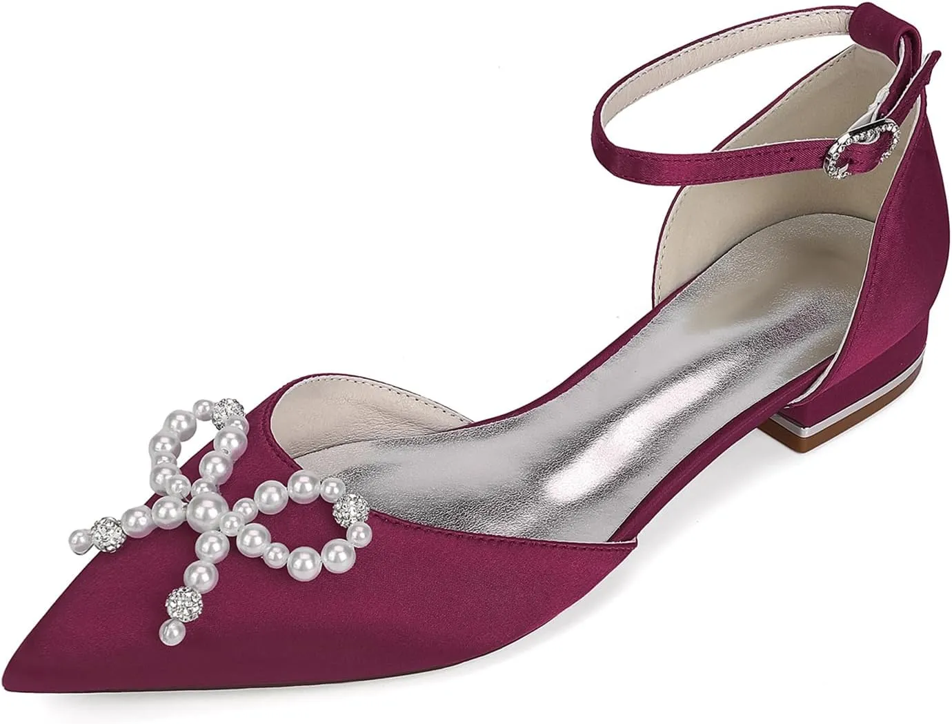 Women Classic Pointed Toe D'orsay Wedding Flat Sandals Sparkly Pearls Ankle Strap Satin Low Heel Dress Shoes