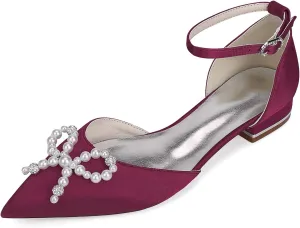 Women Classic Pointed Toe D'orsay Wedding Flat Sandals Sparkly Pearls Ankle Strap Satin Low Heel Dress Shoes
