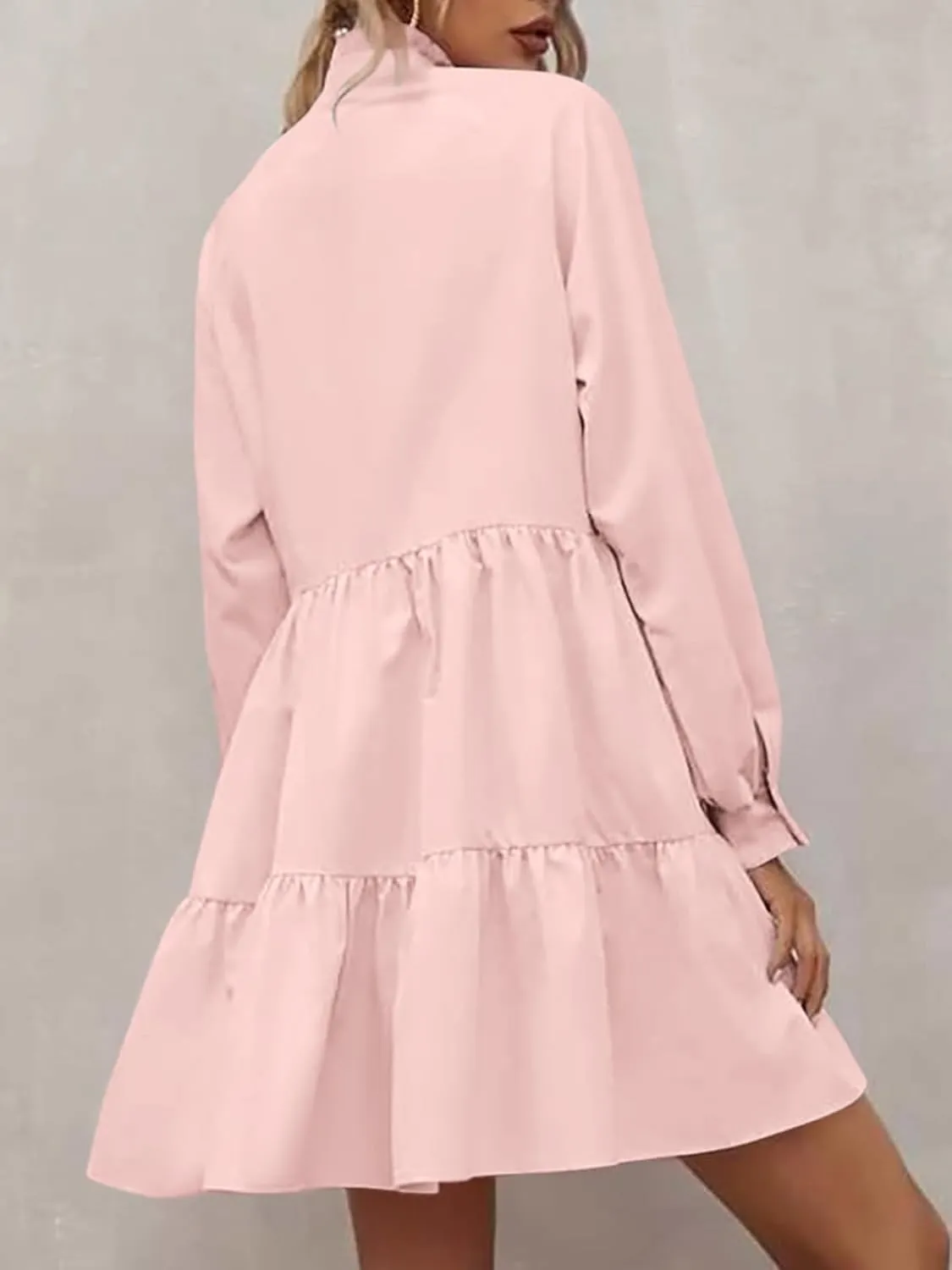 Women Fall Tunic Dress 2024 V Neck Long Sleeve Fit Swing Shift Dress Loose Ruffled Dresses Stand Collar