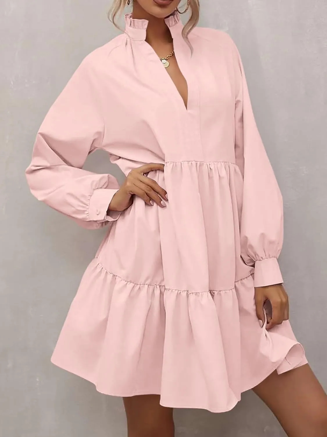 Women Fall Tunic Dress 2024 V Neck Long Sleeve Fit Swing Shift Dress Loose Ruffled Dresses Stand Collar