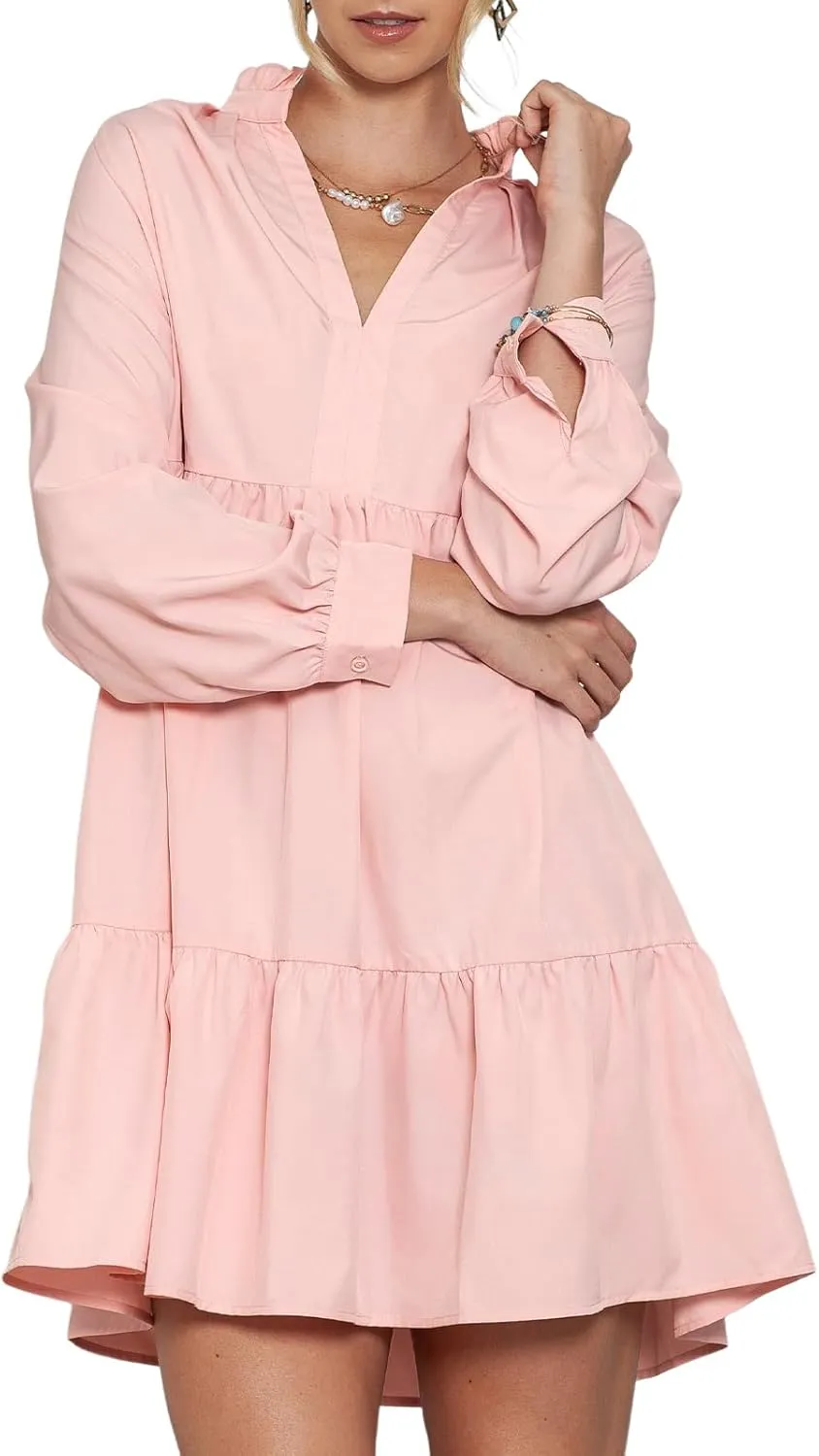 Women Fall Tunic Dress 2024 V Neck Long Sleeve Fit Swing Shift Dress Loose Ruffled Dresses Stand Collar