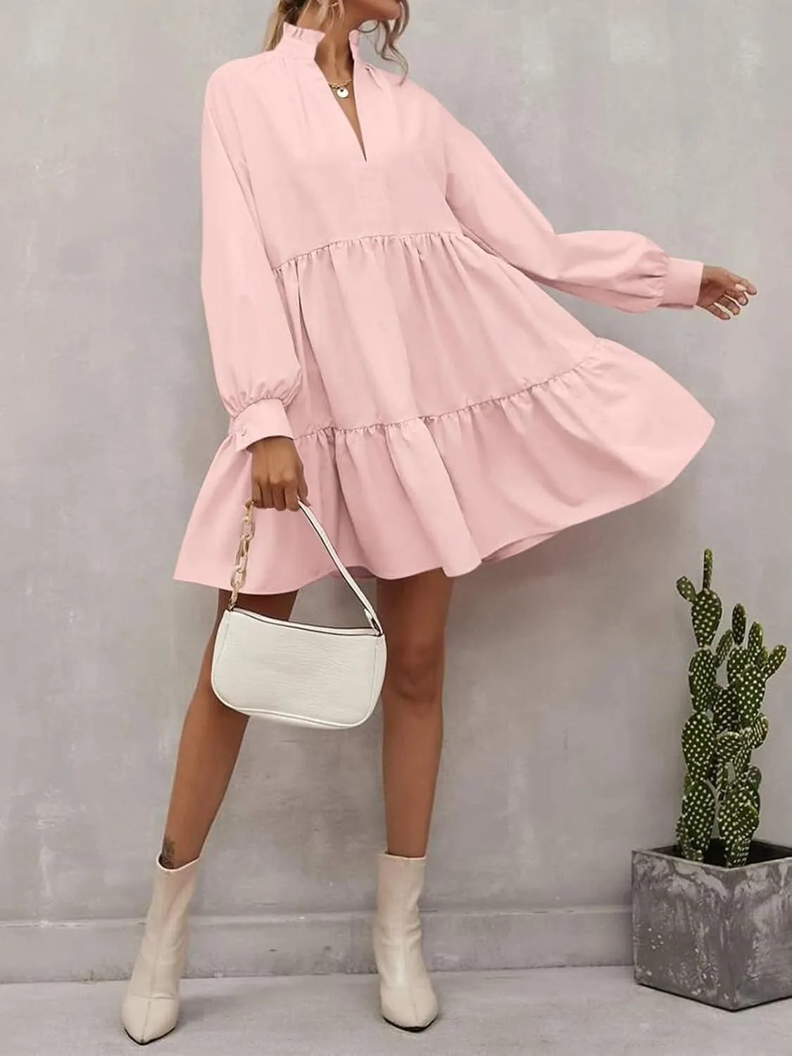 Women Fall Tunic Dress 2024 V Neck Long Sleeve Fit Swing Shift Dress Loose Ruffled Dresses Stand Collar