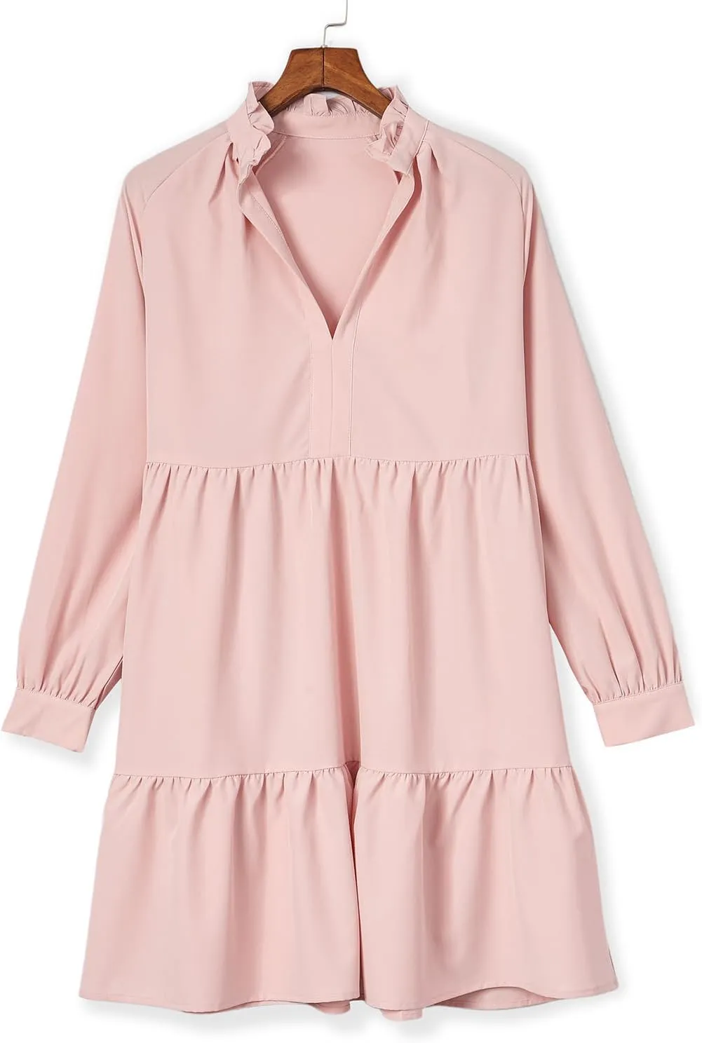 Women Fall Tunic Dress 2024 V Neck Long Sleeve Fit Swing Shift Dress Loose Ruffled Dresses Stand Collar