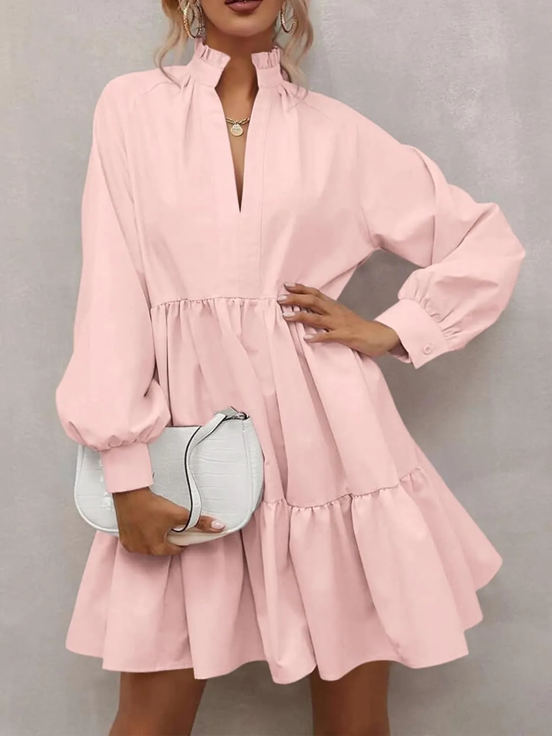 Women Fall Tunic Dress 2024 V Neck Long Sleeve Fit Swing Shift Dress Loose Ruffled Dresses Stand Collar