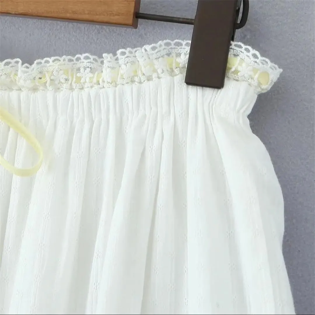 Women Holiday Embroidery Hollow Lace Ribbon Elastic Waist Skirt Ankle Length Long A-Lined Swing Skirts