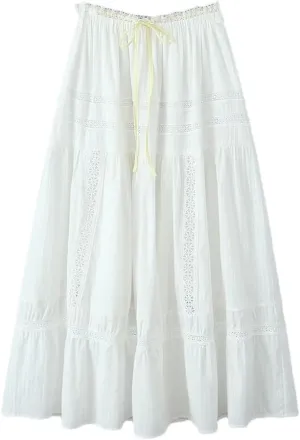 Women Holiday Embroidery Hollow Lace Ribbon Elastic Waist Skirt Ankle Length Long A-Lined Swing Skirts