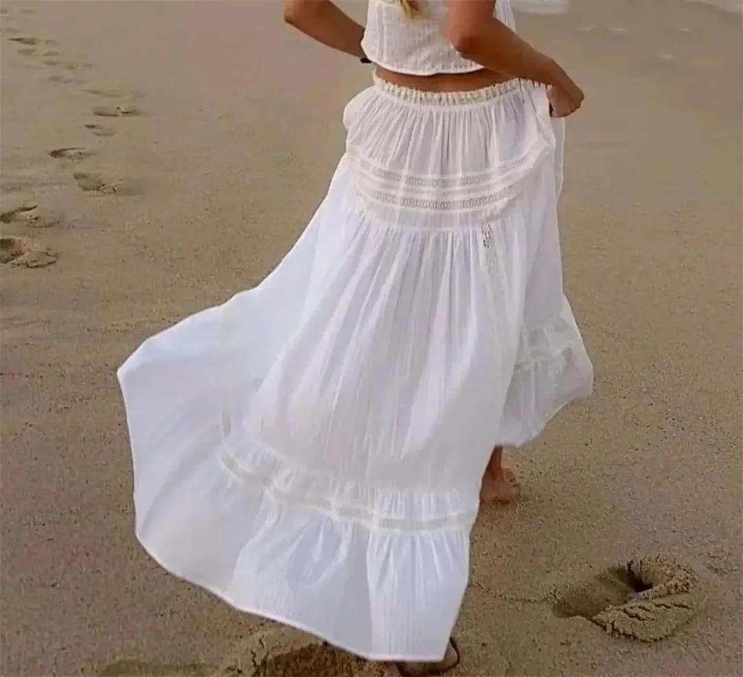 Women Holiday Embroidery Hollow Lace Ribbon Elastic Waist Skirt Ankle Length Long A-Lined Swing Skirts