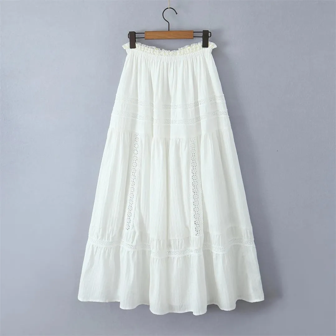 Women Holiday Embroidery Hollow Lace Ribbon Elastic Waist Skirt Ankle Length Long A-Lined Swing Skirts