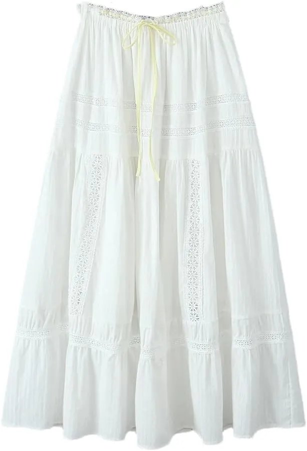 Women Holiday Embroidery Hollow Lace Ribbon Elastic Waist Skirt Ankle Length Long A-Lined Swing Skirts