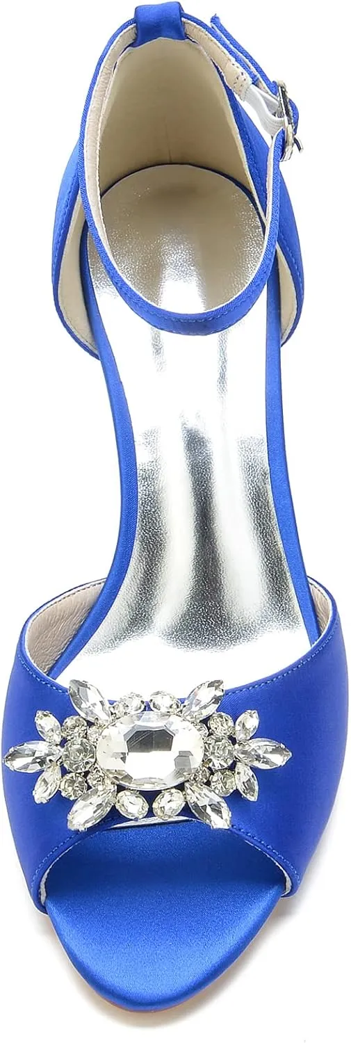 Women Peep Toe Wedding with Rhinestones Peep Evening Shoes Mid Heel Ankle Strap Prom Party Dress Sandals