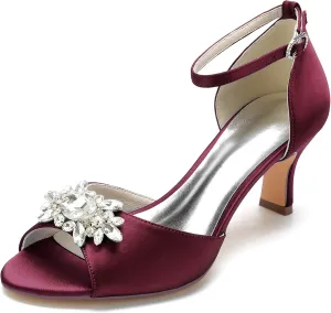 Women Peep Toe Wedding with Rhinestones Peep Evening Shoes Mid Heel Ankle Strap Prom Party Dress Sandals