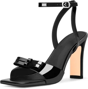 Women's Ankle Strap Open Toe High Heels Patent Leather Bow Sandals Party Dress Shoes