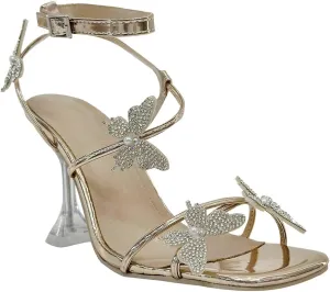 Women's Ankle Strap Sandals Rhinestone Crystal Butterfly Heels Open Square Toe Chunky Block High Heels Shoes
