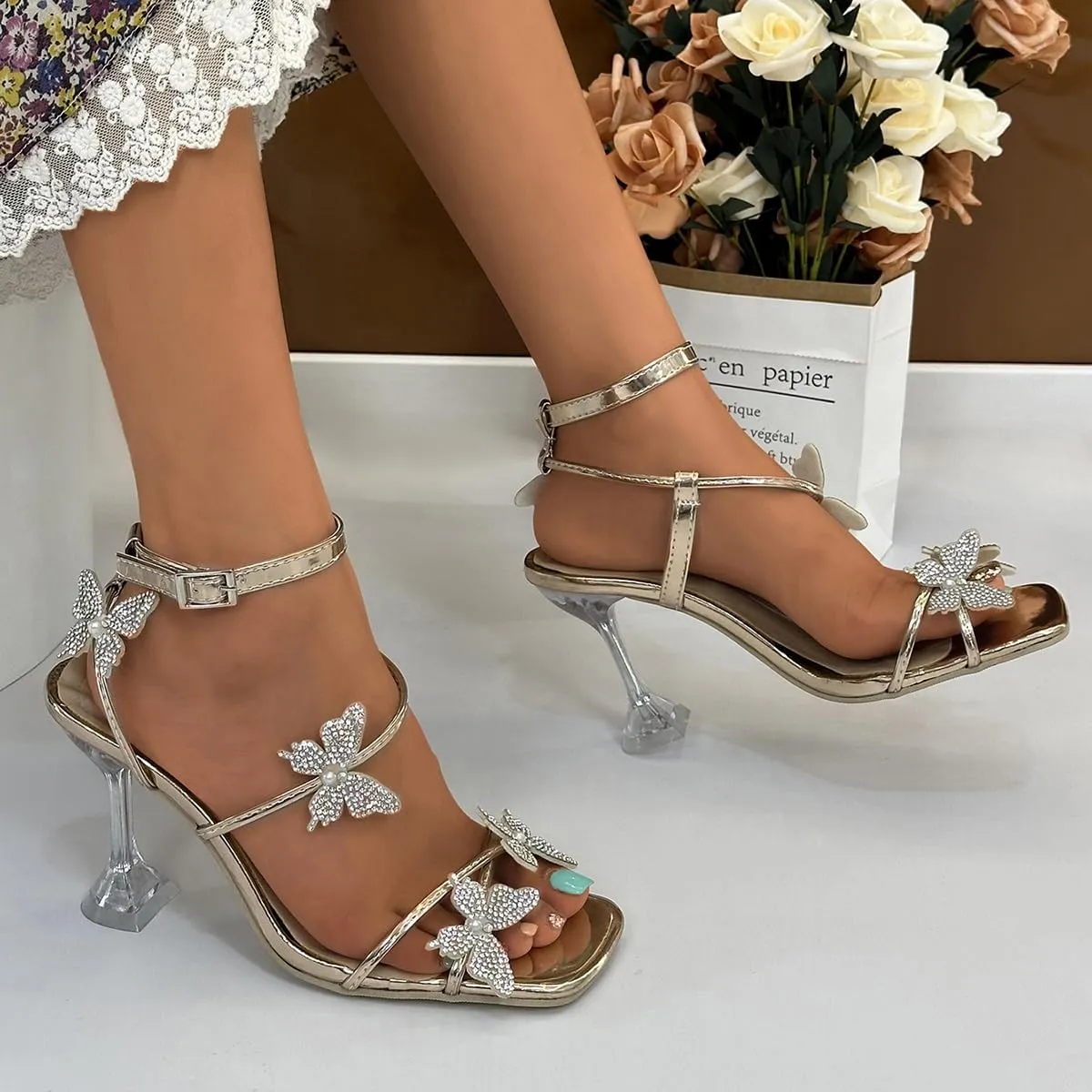 Women's Ankle Strap Sandals Rhinestone Crystal Butterfly Heels Open Square Toe Chunky Block High Heels Shoes